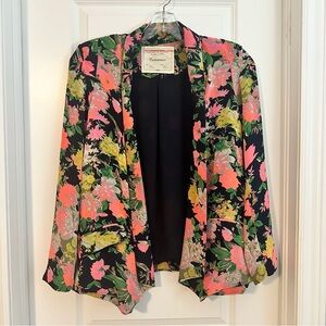 Anthropologie Cartonnier Floral Open Blazer Jacket Black Coral Pink Lightweight
